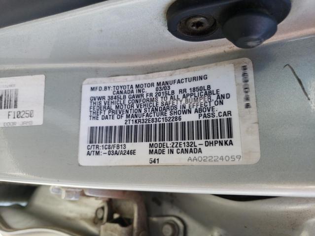 2T1KR32E83C152286 - 2003 TOYOTA COROLLA MA XR SILVER photo 12