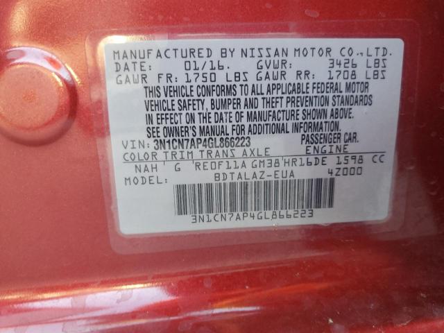 3N1CN7AP4GL866223 - 2016 NISSAN VERSA S RED photo 13