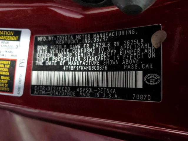 4T1BF1FK4HU800676 - 2017 TOYOTA CAMRY LE 红色 照片 13
