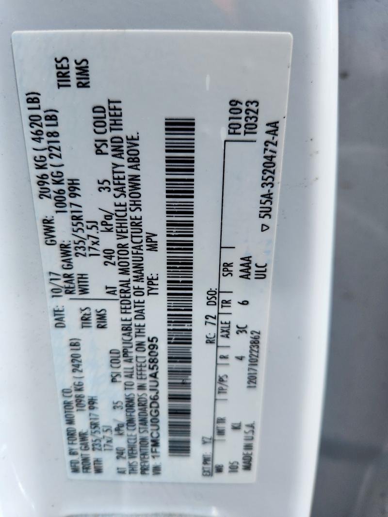 1FMCU0GD6JUA58095 - 2018 FORD ESCAPE SE WHITE photo 13