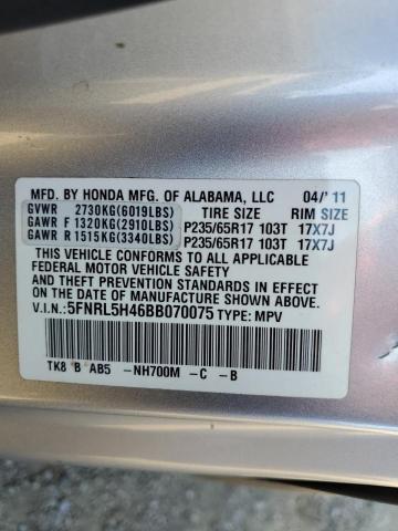 5FNRL5H46BB070075 - 2011 HONDA ODYSSEY EX SILVER photo 13