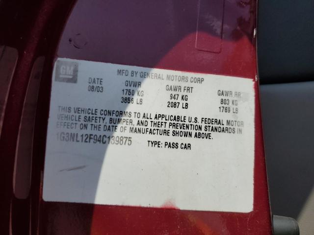 1G3NL12F44C151481 - 2004 OLDSMOBILE ALERO GL MAROON photo 12