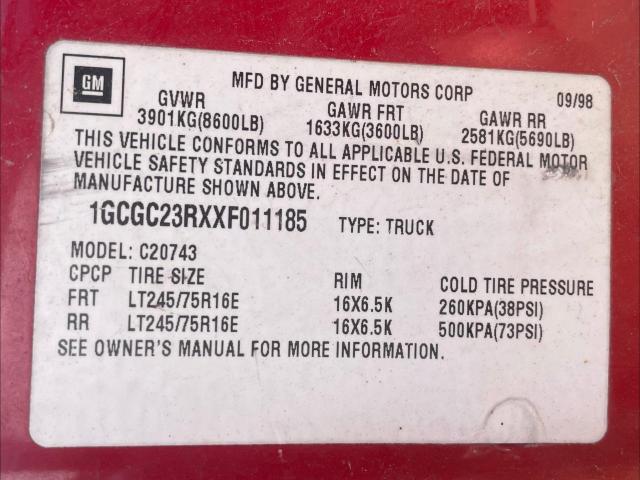 1GCGC23RXXF011185 - 1999 CHEVROLET GMT-400 C2500 RED photo 10