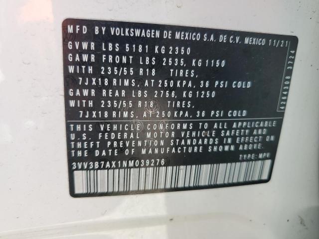 3VV3B7AX1NM039276 - 2022 VOLKSWAGEN TIGUAN SE WHITE photo 12