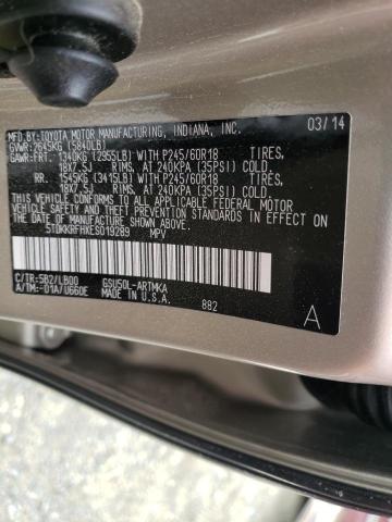 5TDKKRFHXES019289 - 2014 TOYOTA HIGHLANDER XLE CREAM photo 10