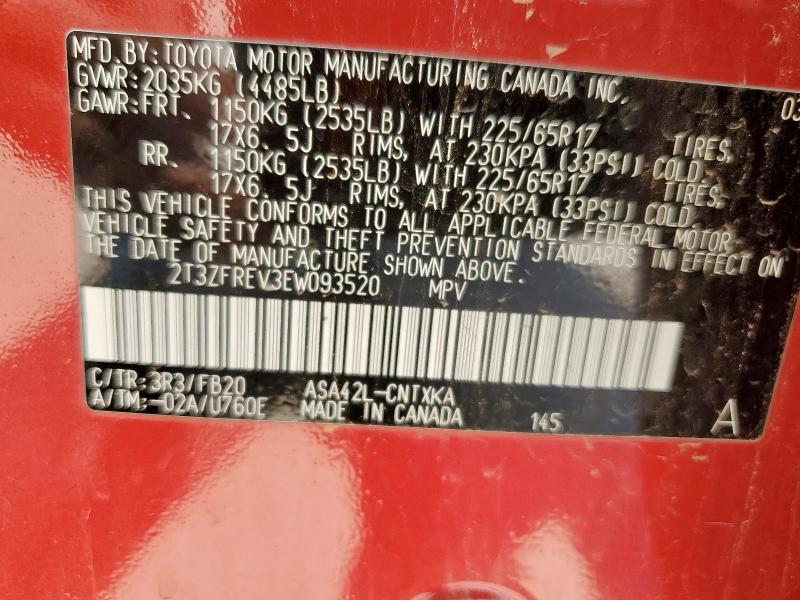 2T3ZFREV3EW093520 - 2014 TOYOTA RAV4 LE RED photo 14