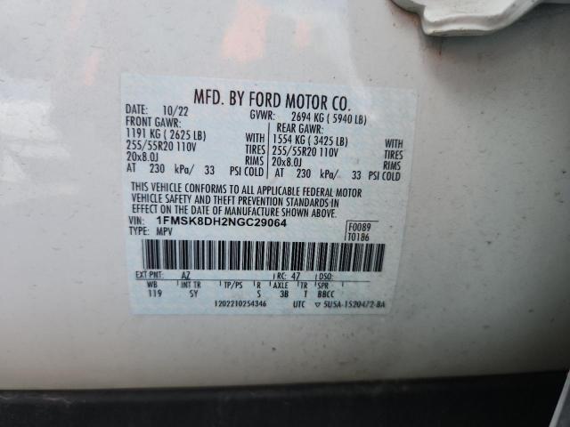 1FMSK8DH2NGC29064 - 2022 FORD EXPLORER XLT WHITE photo 13