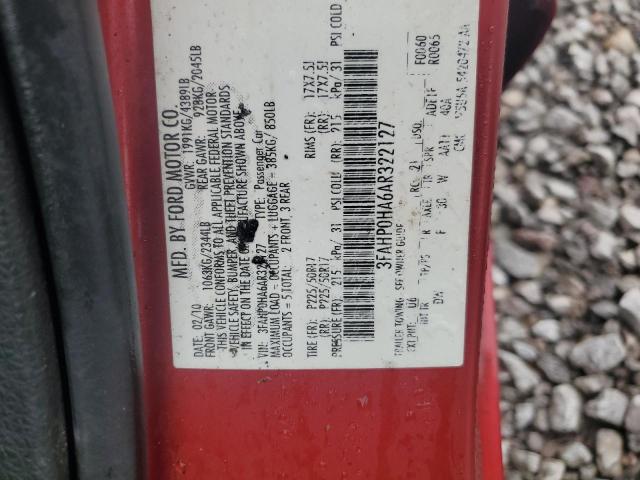 3FAHP0HA6AR322127 - 2010 FORD FUSION SE RED photo 12