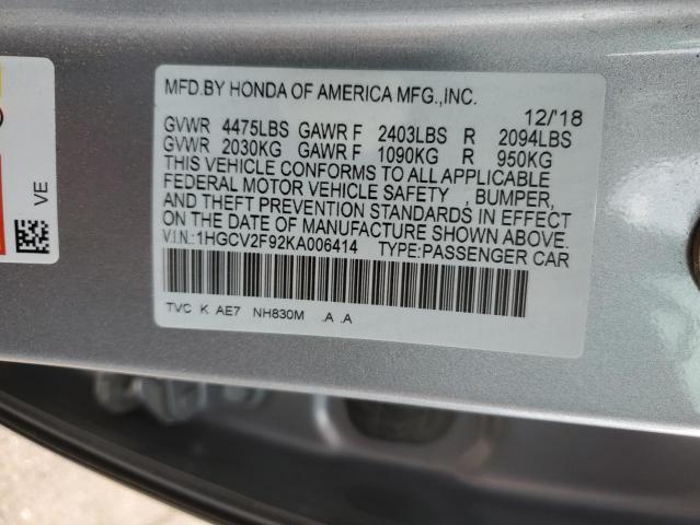 1HGCV2F92KA006414 - 2019 HONDA ACCORD TOURING SILVER photo 12