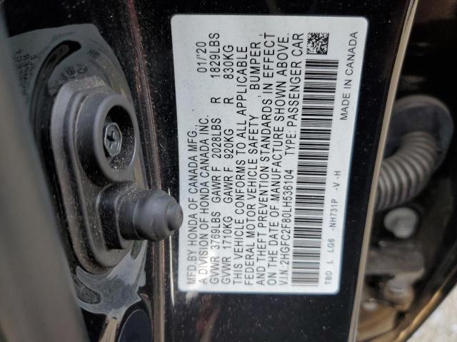 2HGFC2F80LH536104 - 2020 HONDA CIVIC SPORT 黑色 照片 12