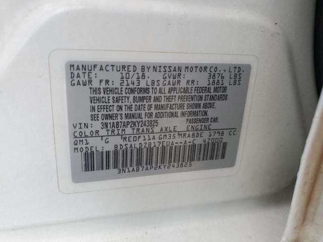 3N1AB7AP2KY243825 - 2019 NISSAN SENTRA S 白色 照片 12