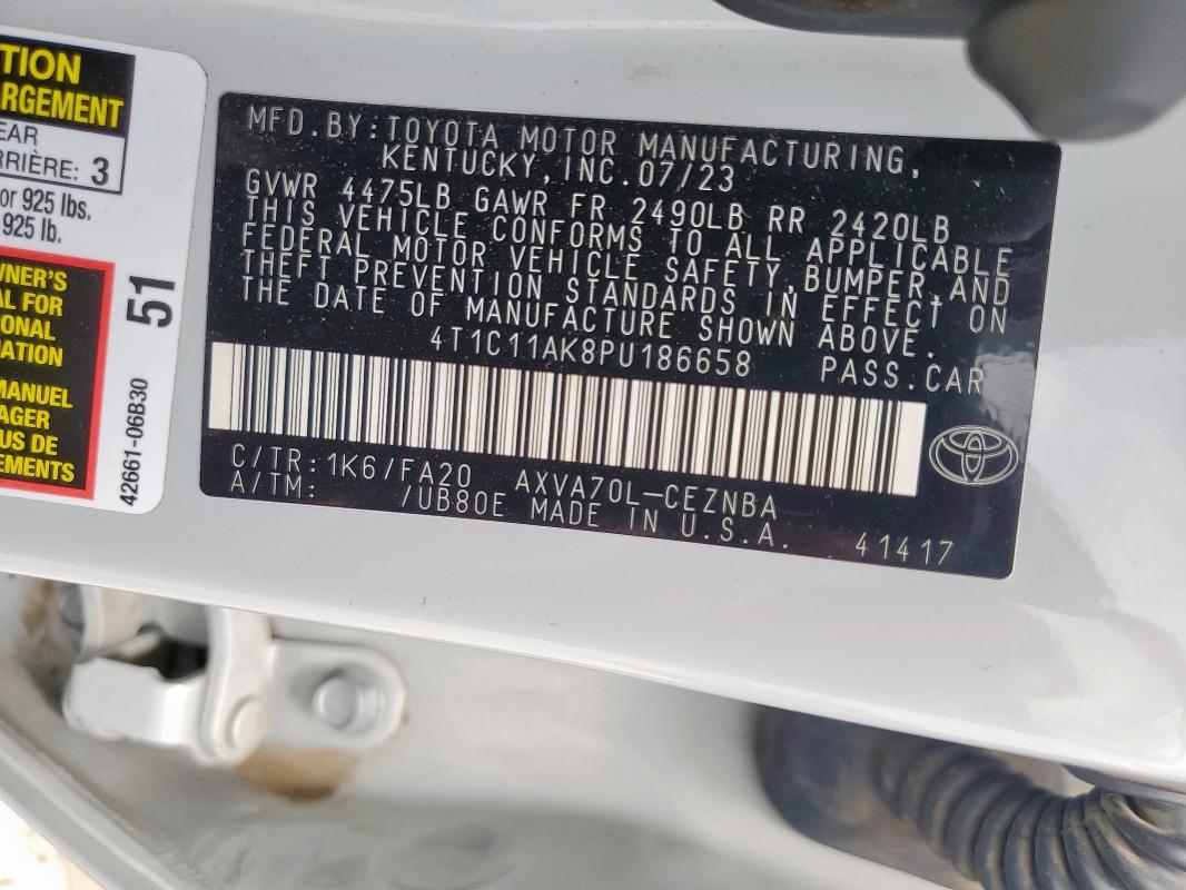 4T1C11AK8PU186658 - 2023 TOYOTA CAMRY LE WHITE photo 12