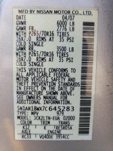 5N1AR18WX7C645283 - 2007 NISSAN PATHFINDER LE 银色 照片 13