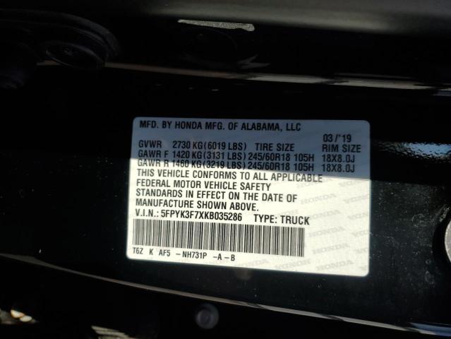 5FPYK3F7XKB035286 - 2019 HONDA RIDGELINE RTL Czarny zdjęcie 12