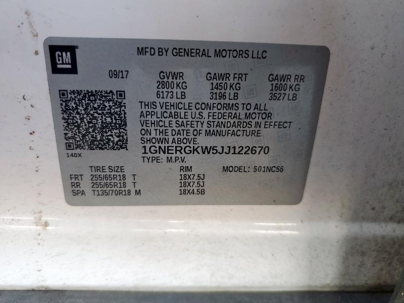 1GNERGKW5JJ122670 - 2018 CHEVROLET TRAVERSE LT თეთრი ფოტო 13