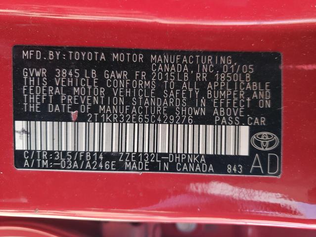 2T1KR32E65C429276 - 2005 TOYOTA COROLLA MA XR RED photo 12