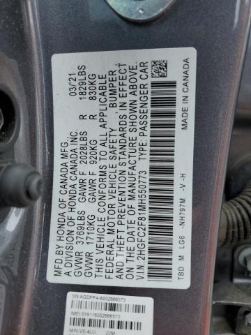 2HGFC2F81MH550773 - 2021 HONDA CIVIC SPORT Boz foto 12