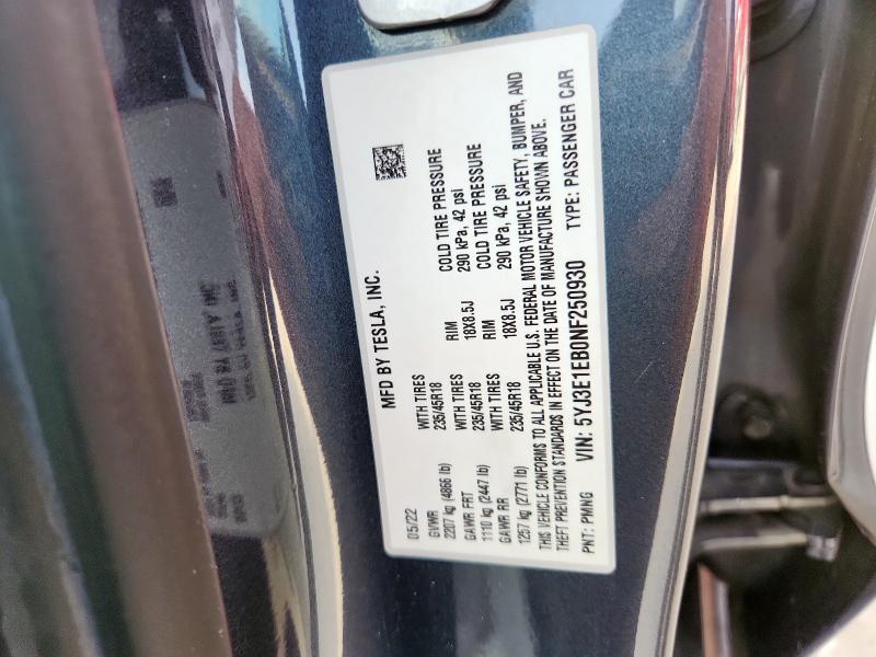 5YJ3E1EB0NF250930 - 2022 TESLA MODEL 3 Gri fotoğraf 12