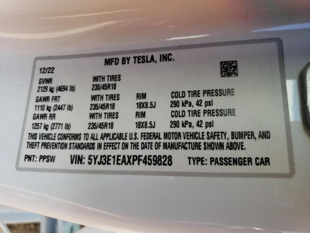 5YJ3E1EAXPF459828 - 2023 TESLA MODEL 3 WHITE photo 12