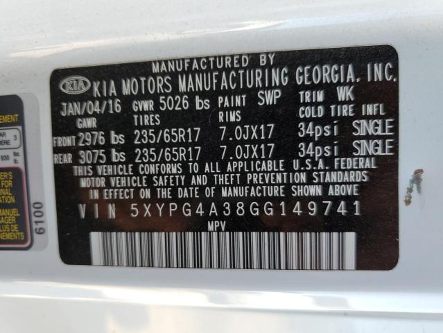 5XYPG4A38GG149741 - 2016 KIA SORENTO LX WHITE photo 10