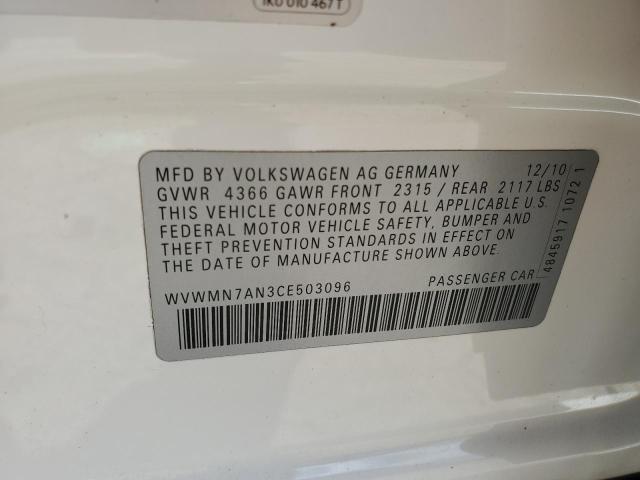 WVWMN7AN3CE503096 - 2012 VOLKSWAGEN CC SPORT WHITE photo 12