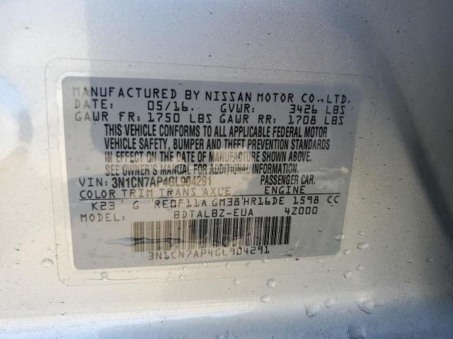 3N1CN7AP4GL904291 - 2016 NISSAN VERSA S SILVER photo 13