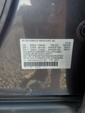 5J8YD3H53LL011183 - 2020 ACURA MDX TECHNOLOGY GRAY photo 12