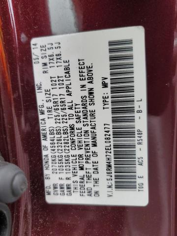 5J6RM4H72EL082477 - 2014 HONDA CR-V EXL RED photo 13