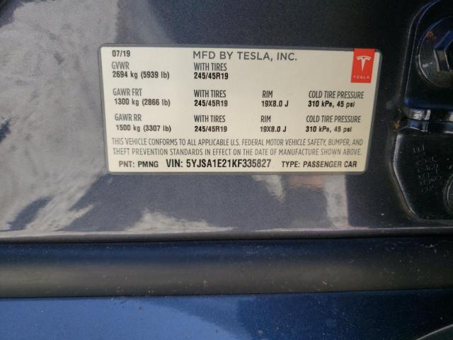 5YJSA1E21KF335827 - 2019 TESLA MODEL S Մոխրագույն լուսանկար 12