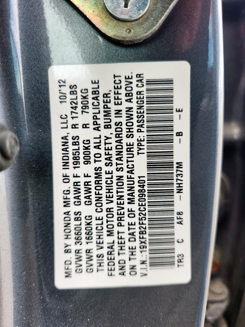 19XFB2F52CE098401 - 2012 HONDA CIVIC LX GRAY photo 12