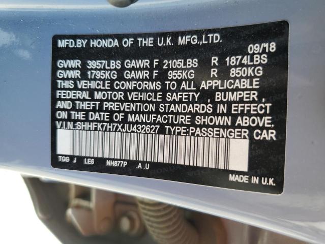 SHHFK7H7XJU432627 - 2018 HONDA CIVIC EXL ნაცრისფერი ფოტო 12