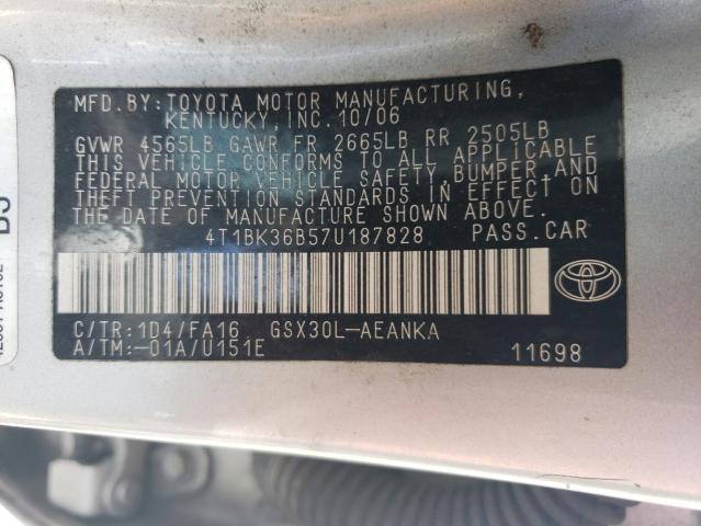 4T1BK36B57U187828 - 2007 TOYOTA AVALON XL SILVER photo 13