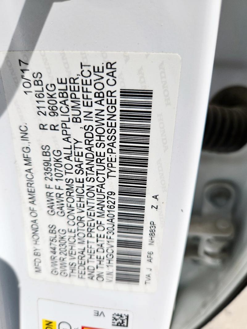 1HGCV1F30JA016279 - 2018 HONDA ACCORD SPORT 白色 照片 12