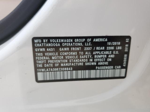 1VWLA7A39KC006843 - 2019 VOLKSWAGEN PASSAT WOLFSBURG WHITE photo 12