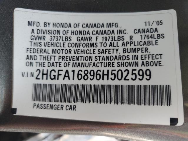 2HGFA16896H502599 - 2006 HONDA CIVIC EX SILVER photo 12