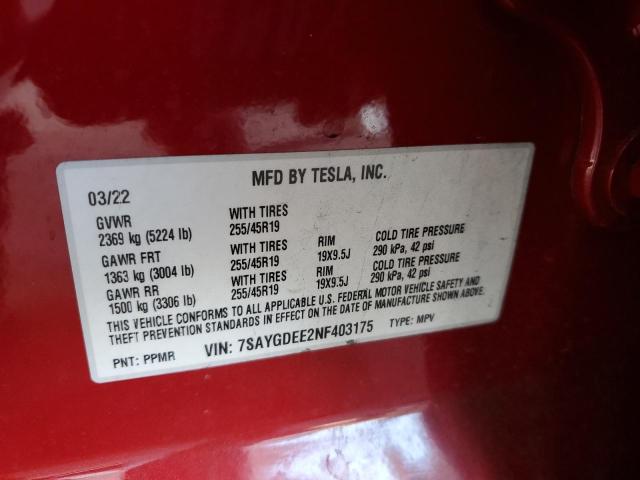 7SAYGDEE2NF403175 - 2022 TESLA MODEL Y 红色 照片 13
