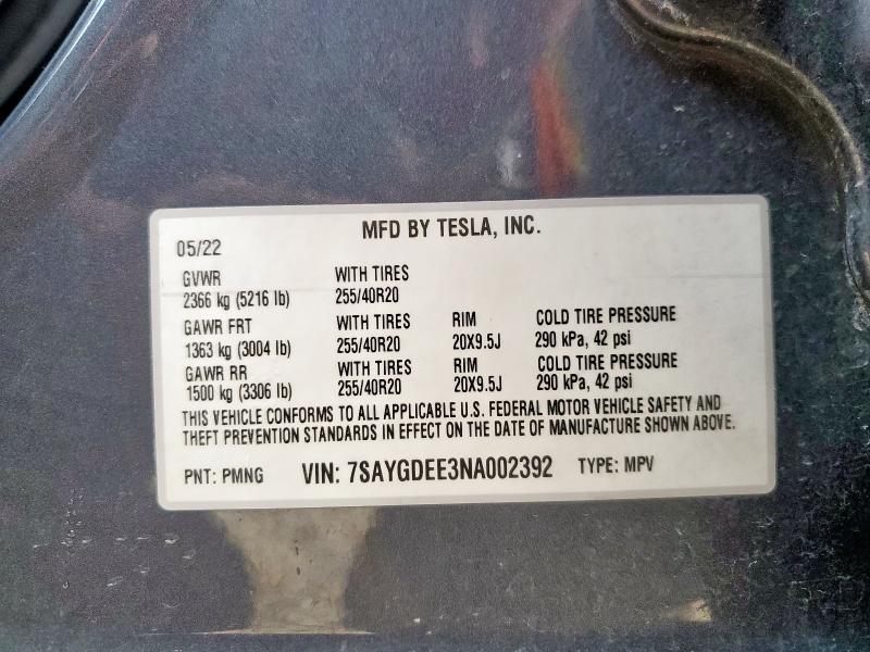 7SAYGDEE3NA002392 - 2022 TESLA MODEL Y გრაფიტი ფოტო 12