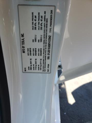 5YJ3E1EA3KF412942 - 2019 TESLA MODEL 3 Beyaz fotoğraf 12