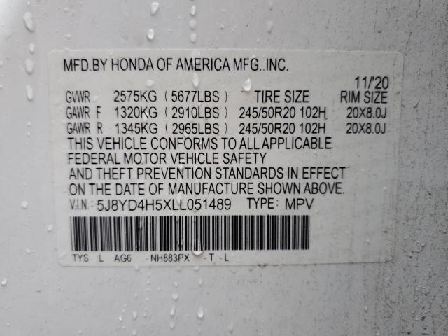 5J8YD4H5XLL051489 - 2020 ACURA MDX TECHNOLOGY WHITE photo 10