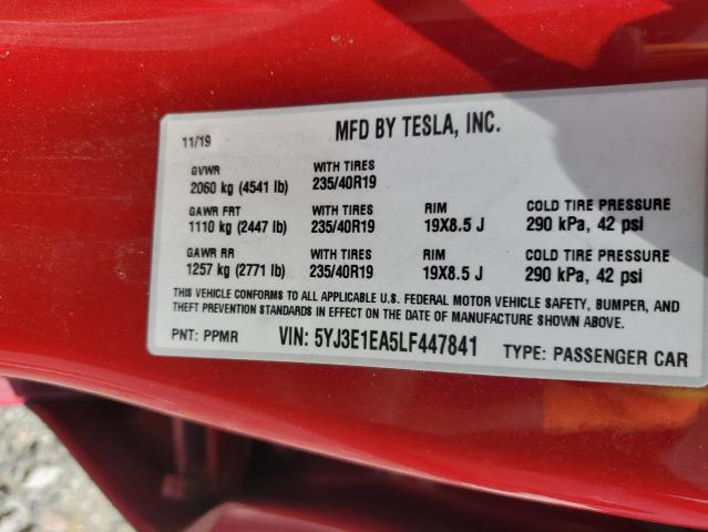 5YJ3E1EA5LF447841 - 2020 TESLA MODEL 3 RED photo 12