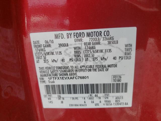 1FTFX1EVXAFC76801 - 2010 FORD F150 SUPER CAB RED photo 12