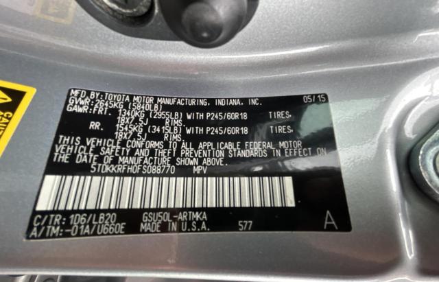 5TDKKRFH0FS088770 - 2015 TOYOTA HIGHLANDER XLE 银色 照片 10