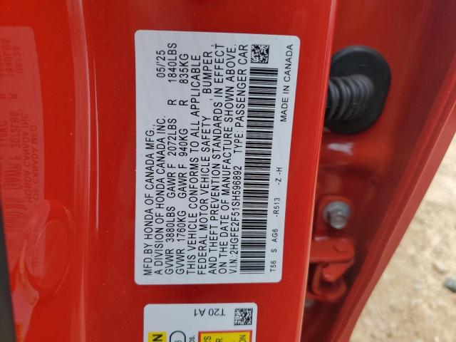 2HGFE2F51SH596892 - 2025 HONDA CIVIC SPORT RED photo 12