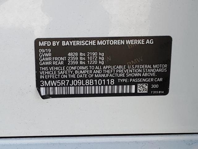 3MW5R7J09L8B10118 - 2020 BMW 330XI WHITE photo 12