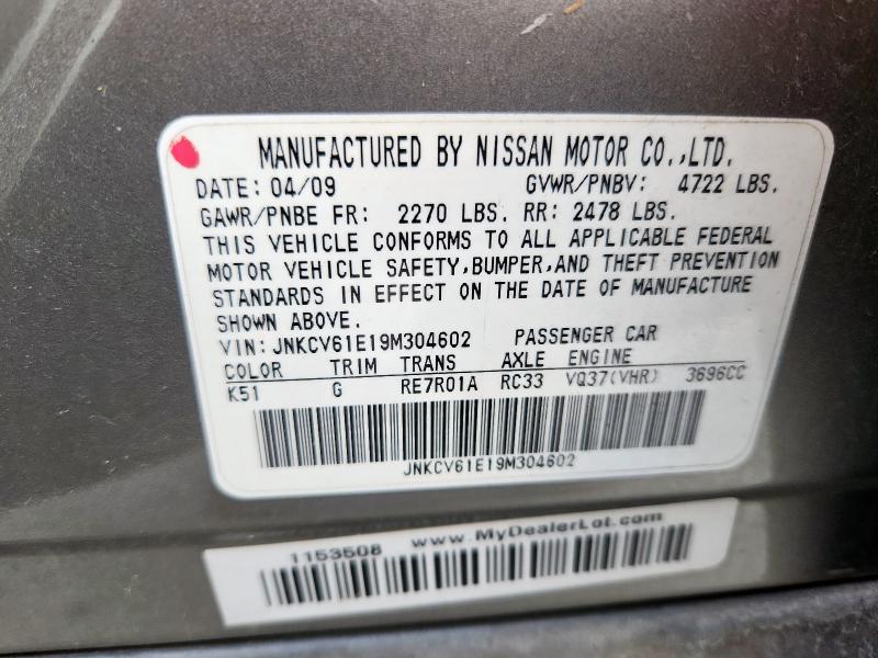 JNKCV61E19M304602 - 2009 INFINITI G37 BASE GRAY photo 12