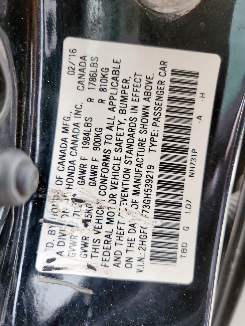 2HGFC2F73GH539219 - 2016 HONDA CIVIC EX BLACK photo 13