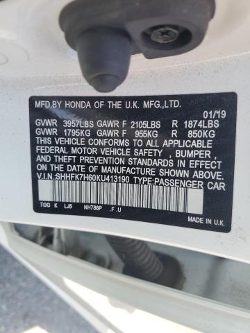 SHHFK7H60KU413190 - 2019 HONDA CIVIC EX Սպիտակ լուսանկար 13