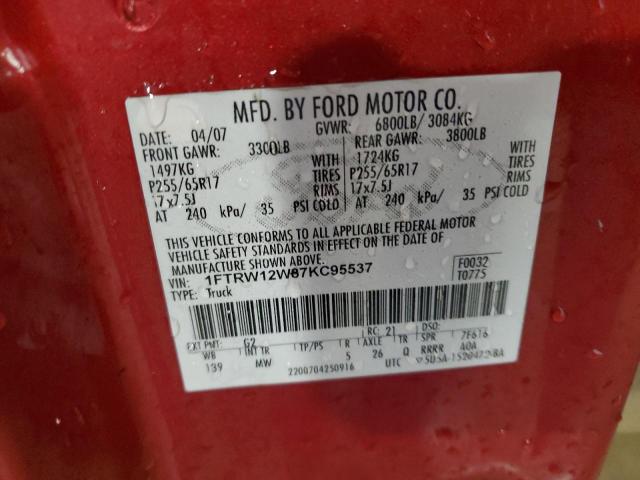 1FTRW12W87KC95537 - 2007 FORD F150 SUPERCREW RED photo 12