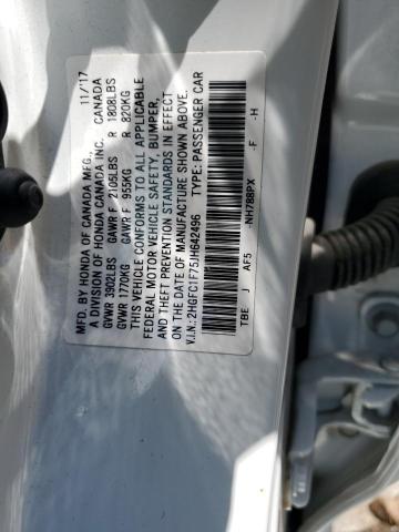 2HGFC1F75JH642496 - 2018 HONDA CIVIC EXL WHITE photo 12