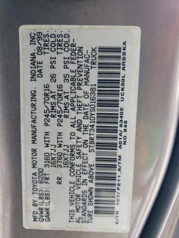 5TBRT3410YS016381 - 2000 TOYOTA TUNDRA ACCESS CAB ნაცრისფერი ფოტო 12